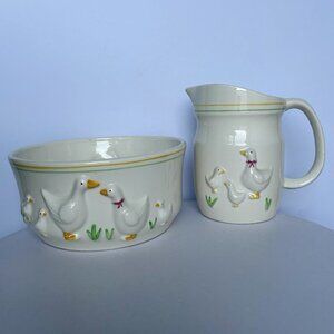 Ribbon Geese Bowl And Pitcher Ceramic Set Vintage Treasure Craft USA